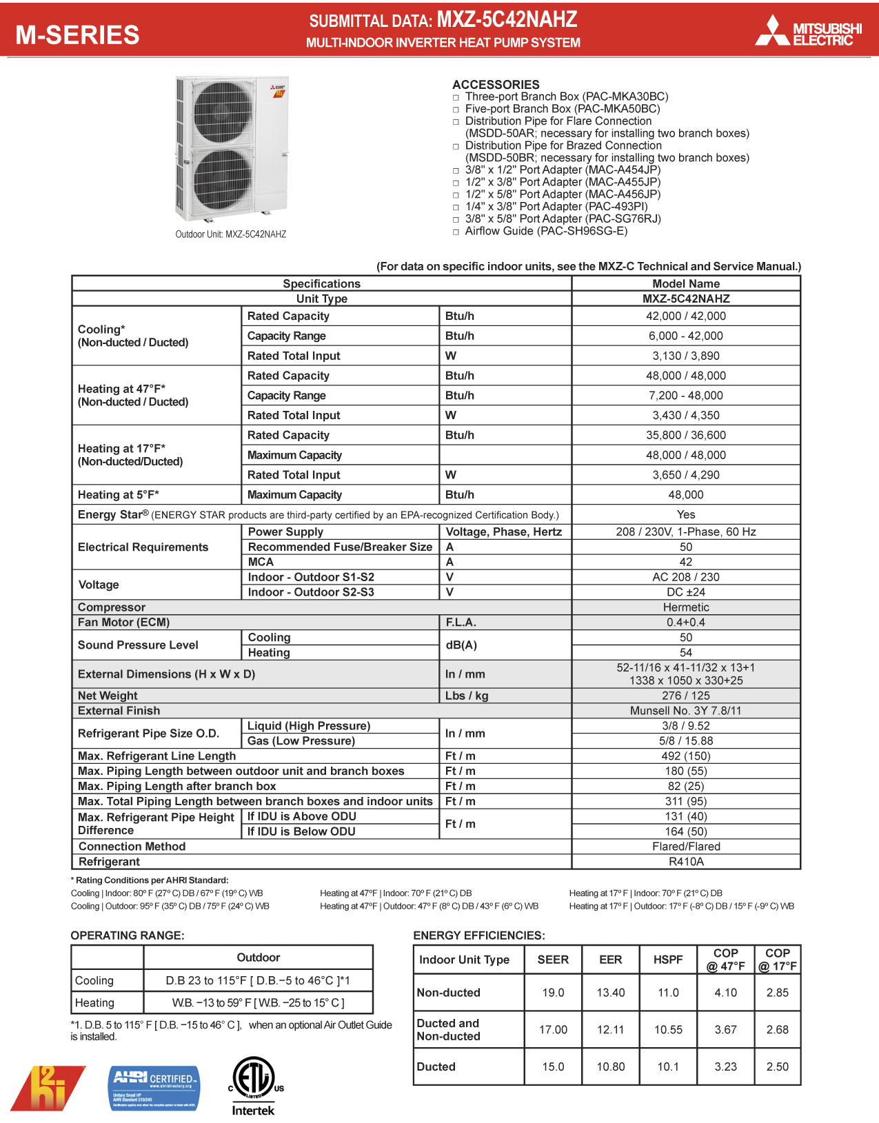 Mini Split Multi 5 Zone Mitsubishi H2i Hyper Heat up to 19 SEER Heat Pump System MXZ-5C42NAHZU1 x 5 Wall Mount or Ceiling Cassette, PAC-MKA52BC Branch Box